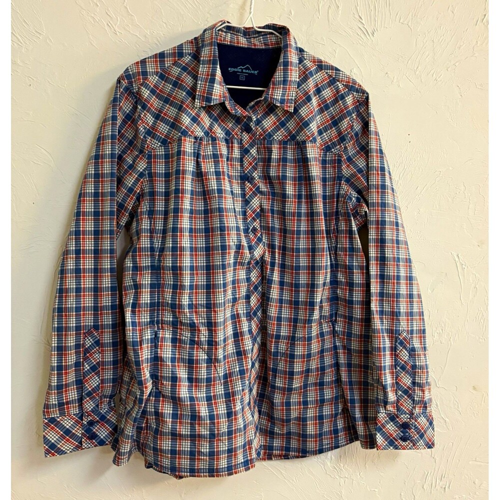 Eddie Bauer Women’s 2XL Blue/Red/White Plaid Long Sleeve Button-Up with pockets